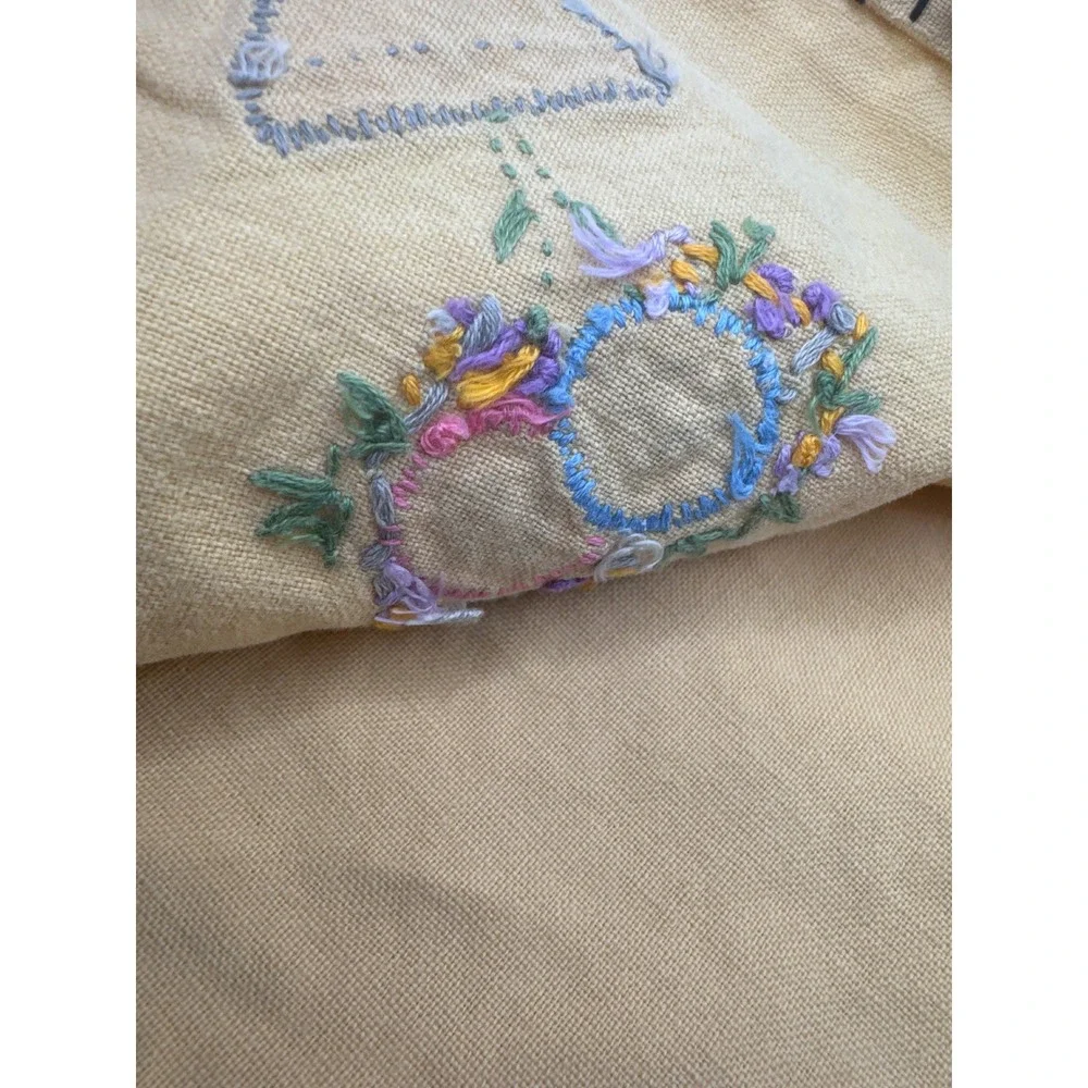 Vintage Hand Embroidered Floral Linen Napkin Mustard Yellow Whipstitch Edge